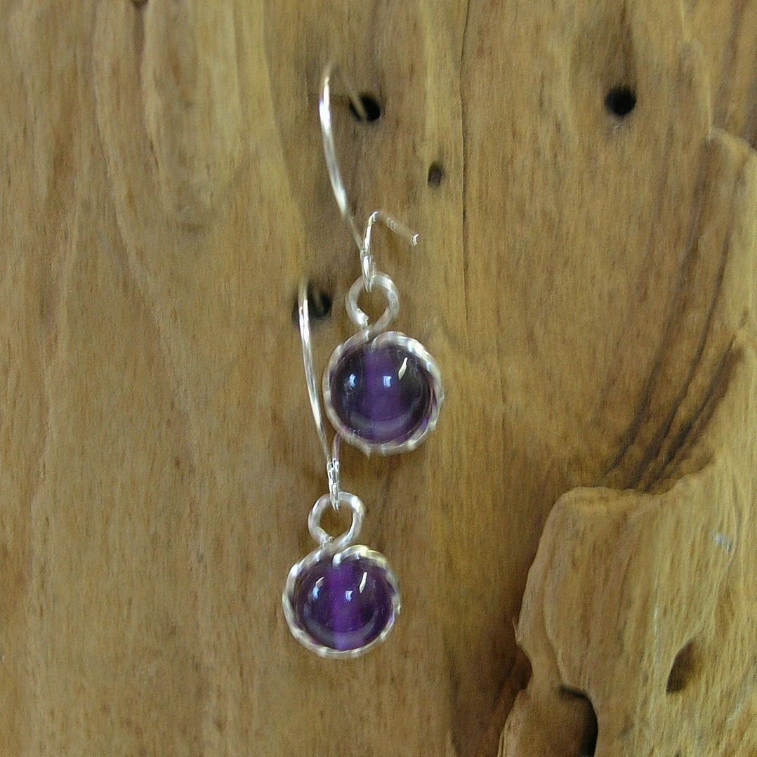 Tiny Trinket Classic Trinket 6mm Amethyst Beads Wirewrapped Drop Earrings - February Birthstone