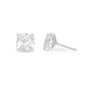 Casual Classic Flawless Style 7mm Square Cubic Zirconia CZ Stud Earrings Mens Womens Teens Sterling Silver