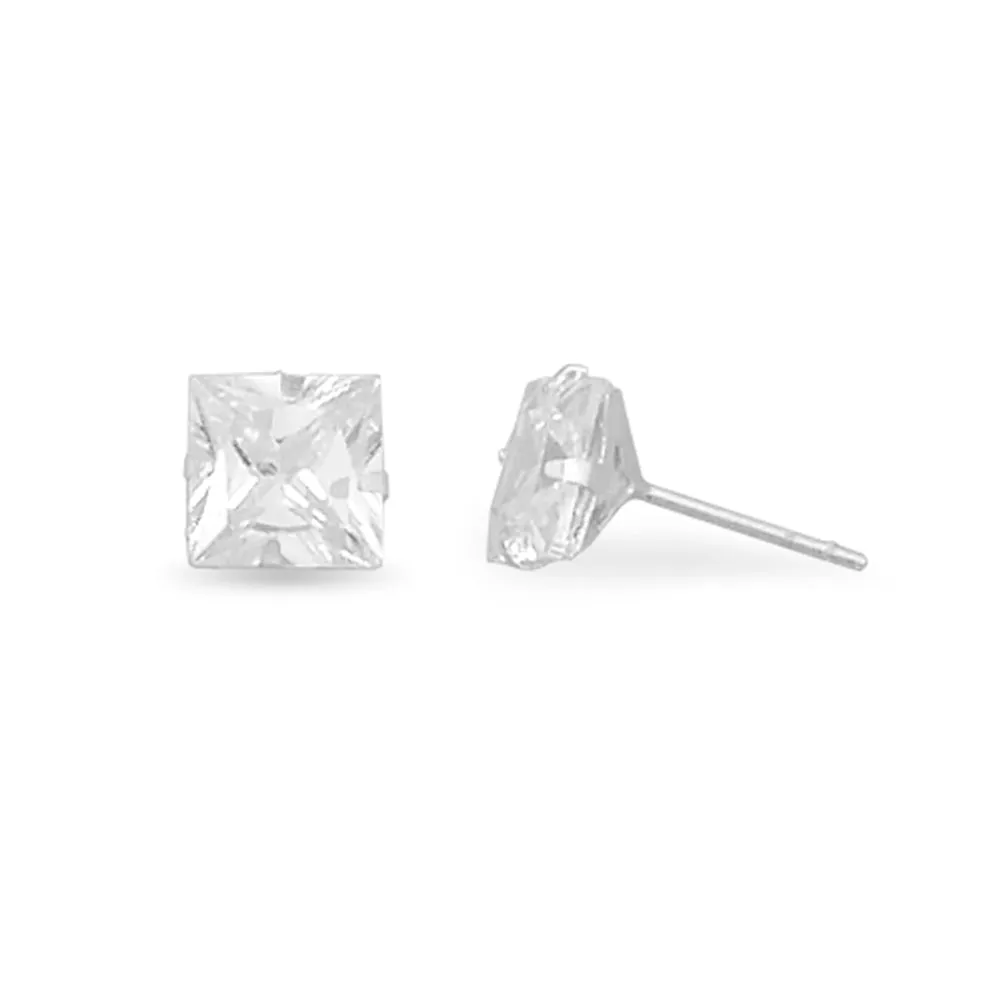 Casual Classic Flawless Style 7mm Square Cubic Zirconia CZ Stud Earrings Mens Womens Teens Sterling Silver