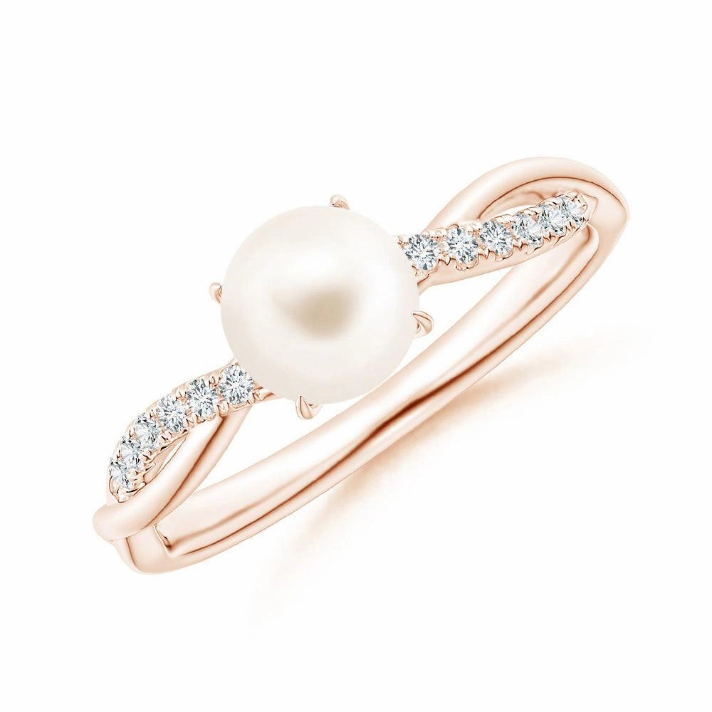 City Elegance 8mm Freshwater Cultured Pearl Twisted Band Shank Ring with Moissanite Pav??