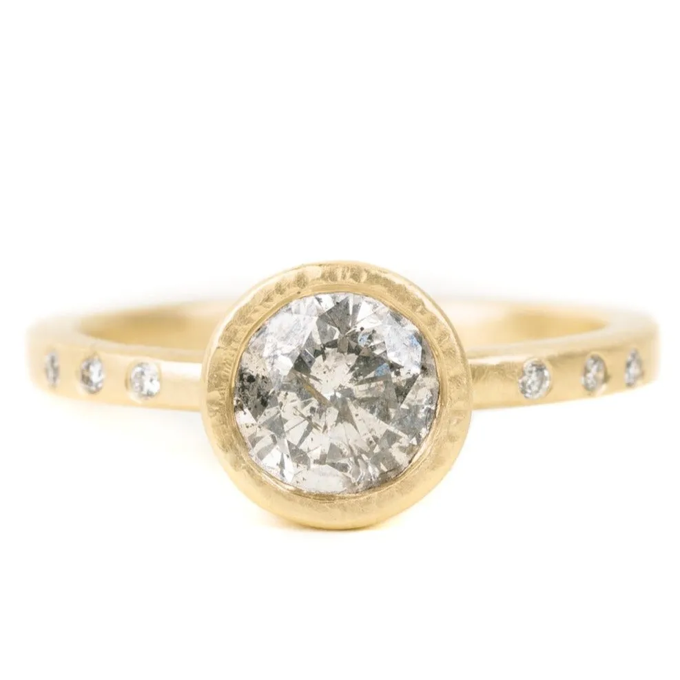 Precious Accent .935 ctw Natural Salt   Pepper Round Diamond - Handmade 18ky Gold Bezel Setting with Natural VS White Melee Side Diamonds