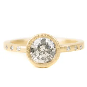 .935 ctw Natural Salt   Pepper Round Diamond - Handmade 18ky Gold Bezel Setting with Natural VS White Melee Side Diamonds Texture Play