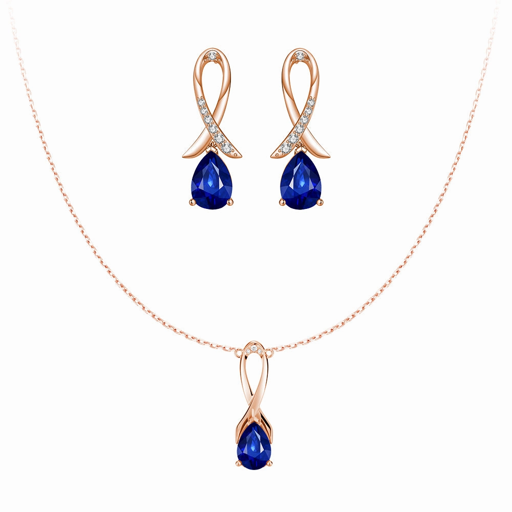 "Blue For Pink" Sapphire Necklace And Earrings Set With Ribbon Chic Mood Luxury Design