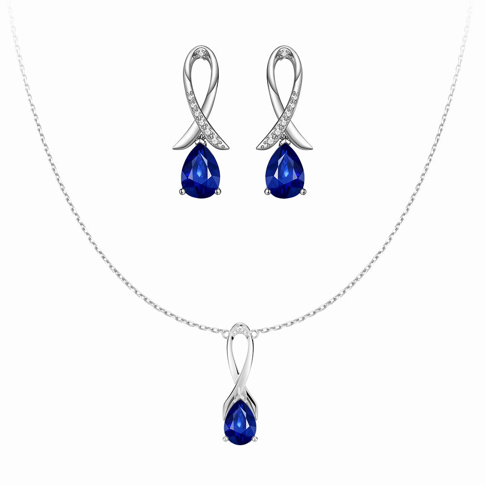 "Blue For Pink" Sapphire Necklace And Earrings Set With Ribbon Fashion Form