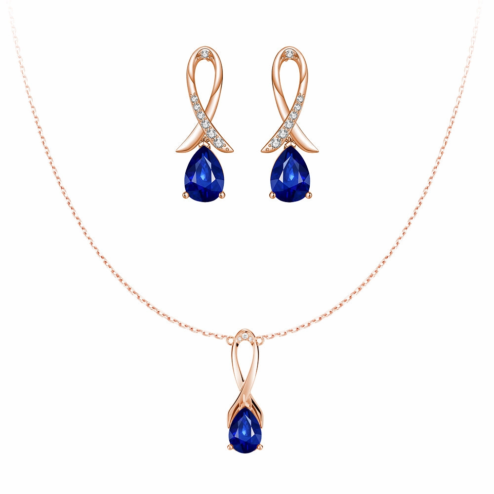 "Blue For Pink" Sapphire Necklace And Earrings Set With Ribbon Night Spark