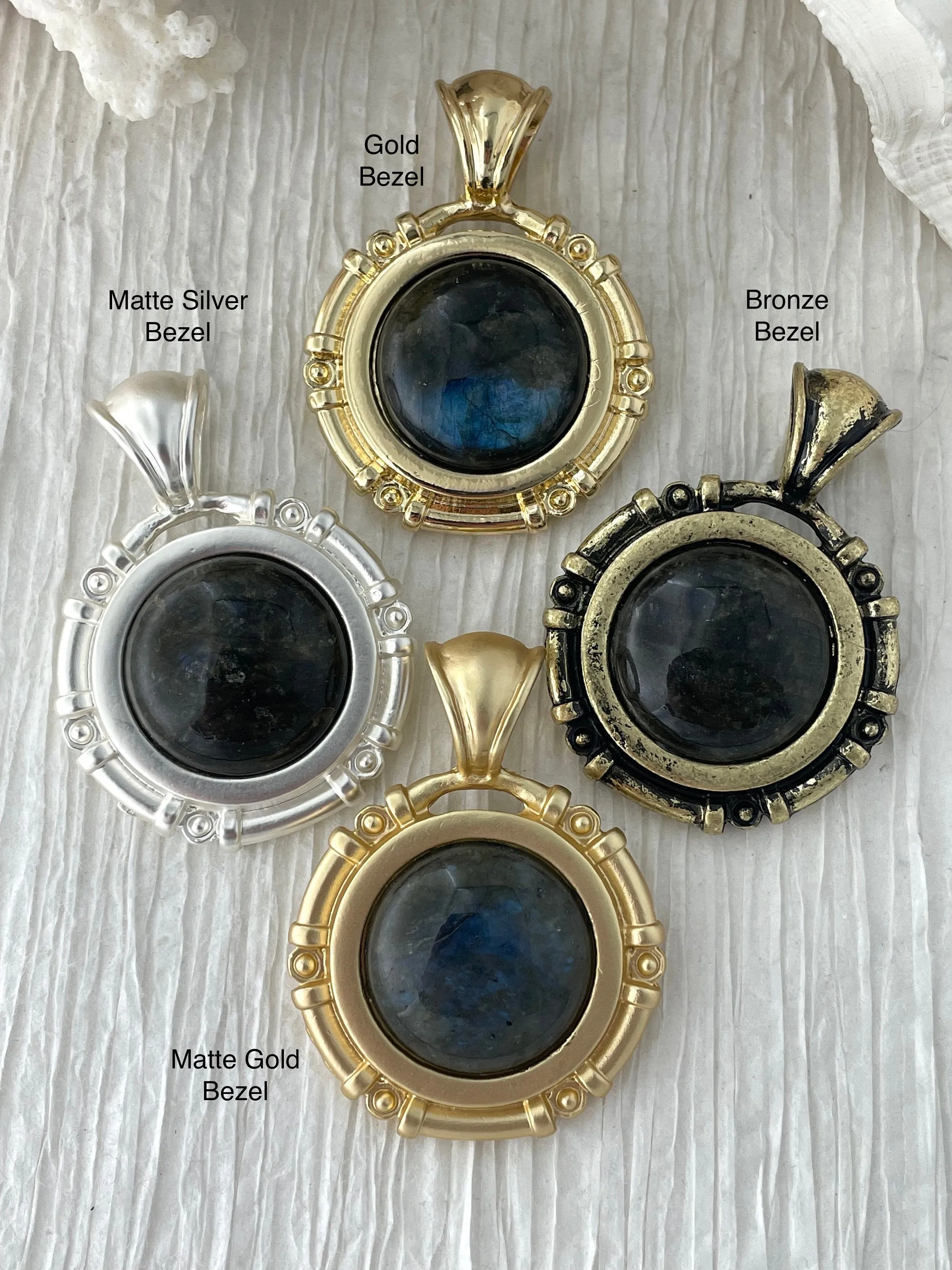 Substantial Accessory Statement Gift AA Labradorite Pendant with Bezel, Natural Stone Cabochon, in a variety of patterns, 4 bezel colors, Natural Labradorite Stone, Fast Ship.