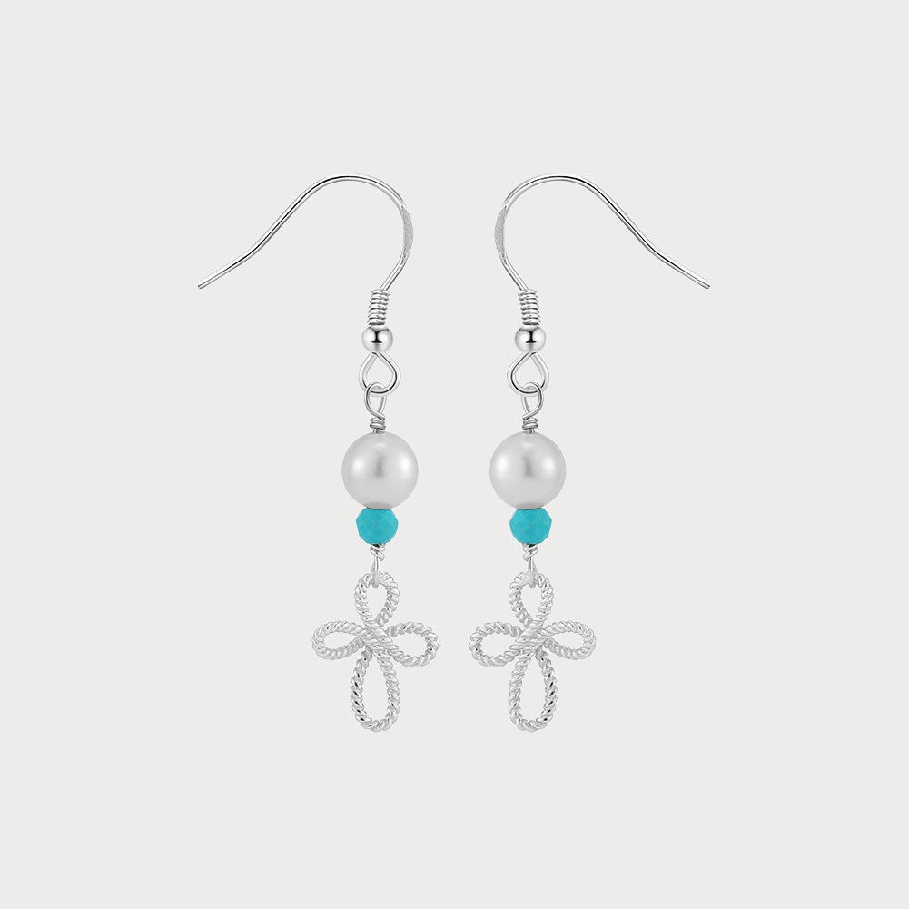 Sparkling Detail Wedding Ready Pearl Turquoise Flower Drop Earrings