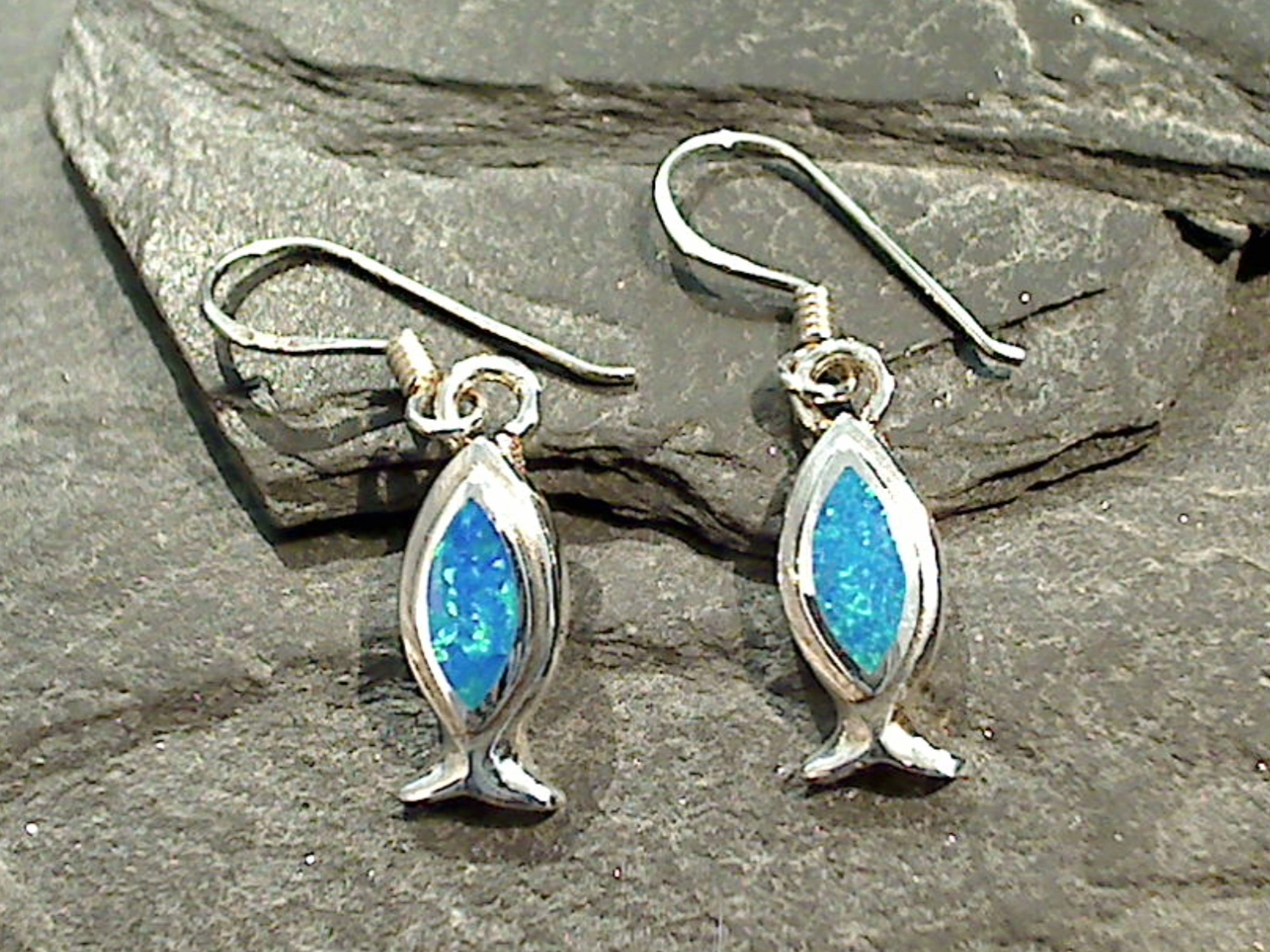 Lab Created Opal, Sterling Christian Fish Earrings Stunning Decor