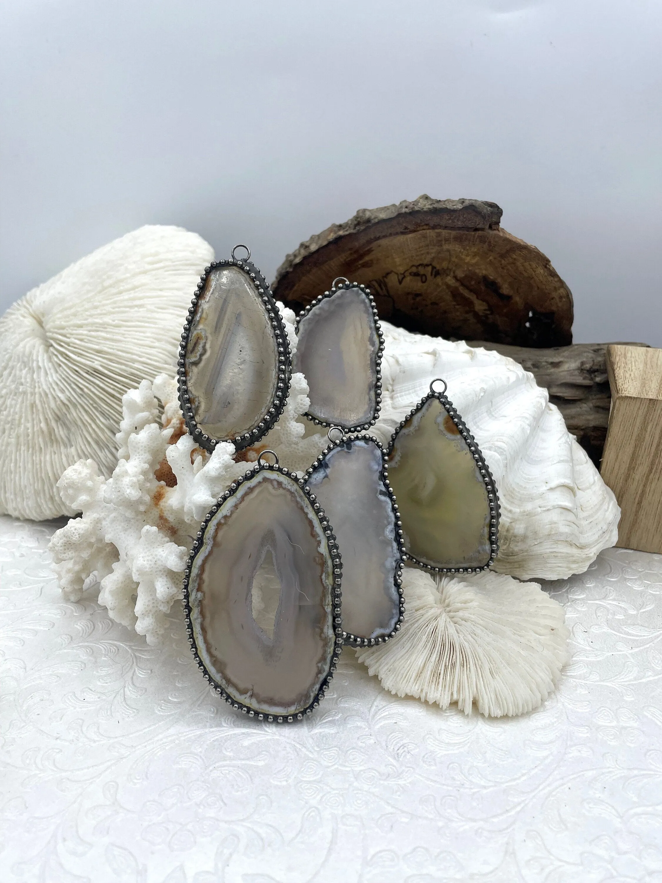 For Spirituality Agate Teardrop/Oval Pendants with Textured Burnished Silver Soldered Bezel. Variety of sizes and stones, all unique. Fast Ship