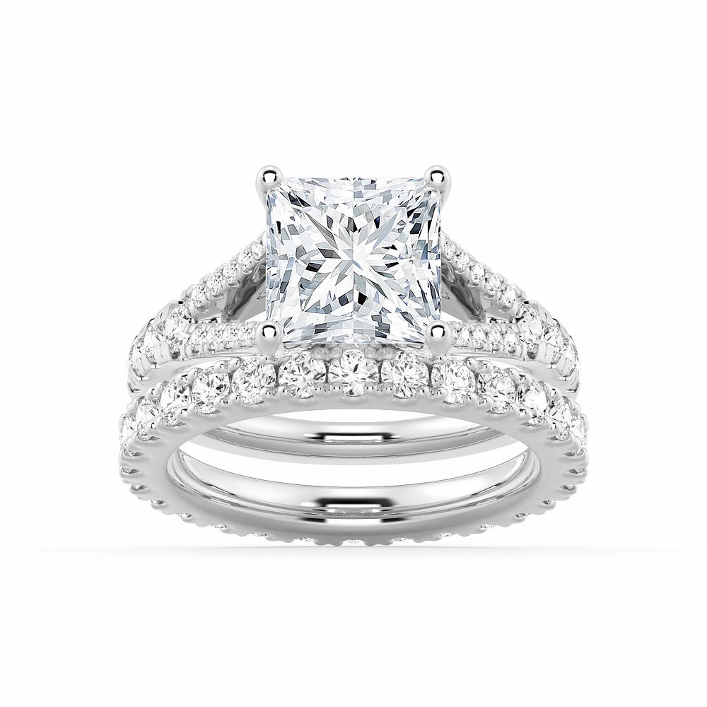 Princess Cut Split Shank Moissanite Ring Set with Matching Wedding Band Statement Accent