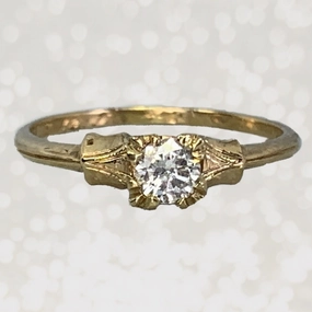 Glam Night Crisp Sparkle 1940s Diamond Engagement Ring set in 14K Yellow Gold. April Birthstone. 10 Year Anniversary