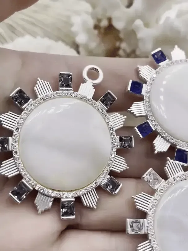 Elegant Jewelry Genuine Mother of Pearl Cabochon Pendants with Matte Silver Plated Brass Bezel and Colorful Cubic Zirconia Accents ,5 CZ colors, Fast Ship