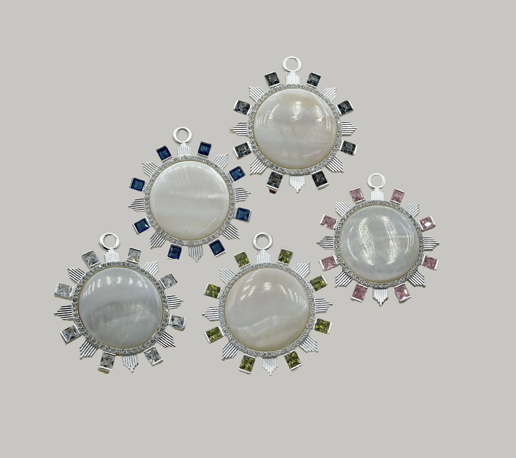 Genuine Mother of Pearl Cabochon Pendants with Matte Silver Plated Brass Bezel and Colorful Cubic Zirconia Accents ,5 CZ colors, Fast Ship Event Gift