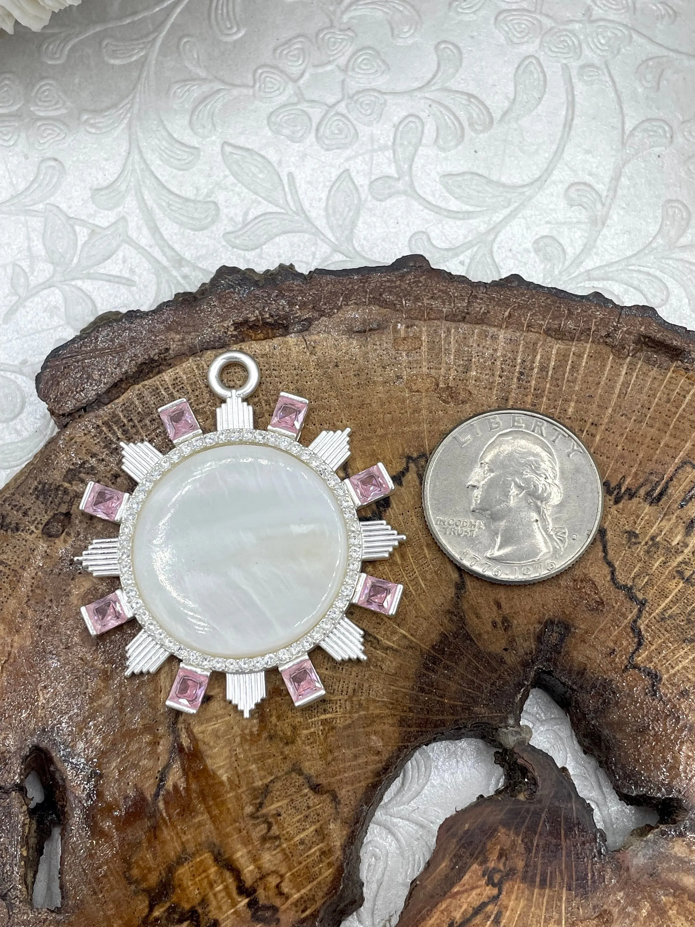 Dainty Accent Genuine Mother of Pearl Cabochon Pendants with Matte Silver Plated Brass Bezel and Colorful Cubic Zirconia Accents ,5 CZ colors, Fast Ship