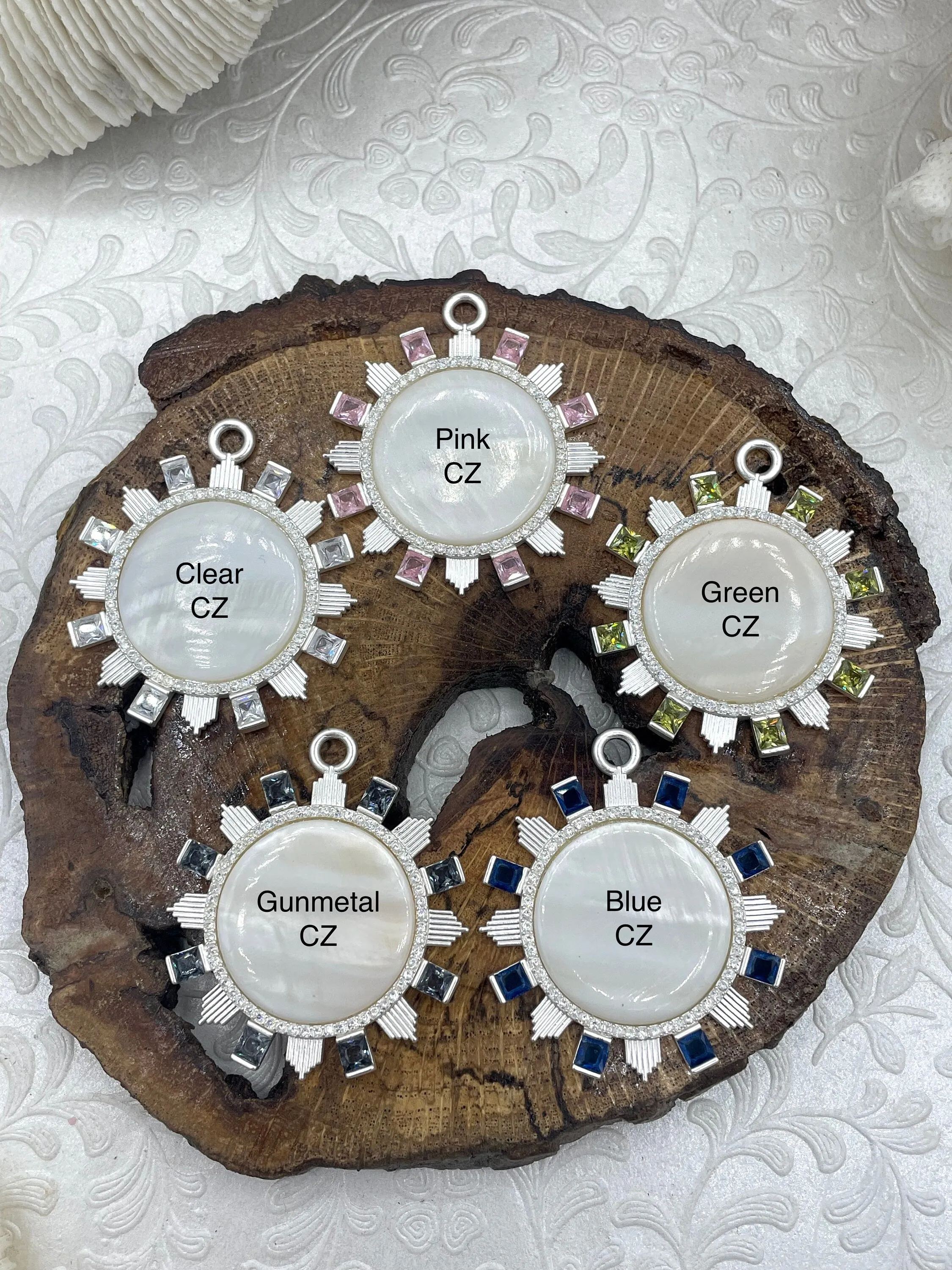 Special Gift Wedding Locket Item Genuine Mother of Pearl Cabochon Pendants with Matte Silver Plated Brass Bezel and Colorful Cubic Zirconia Accents ,5 CZ colors, Fast Ship