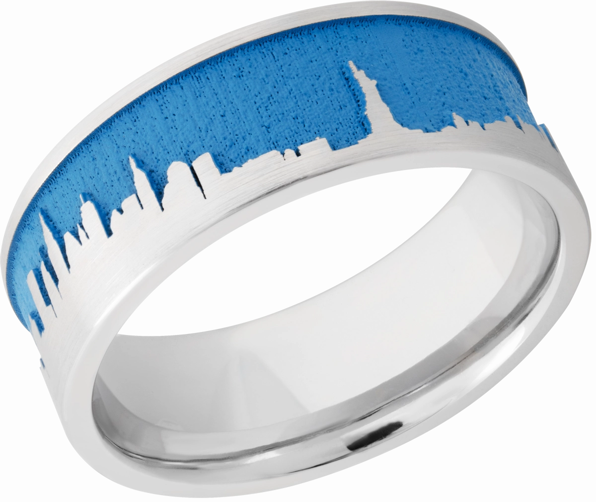 Polished Details Cobalt chrome 8mm flat band with a laser-carved New York skyline featuring Sea Blue Cerakote in the recessed pattern