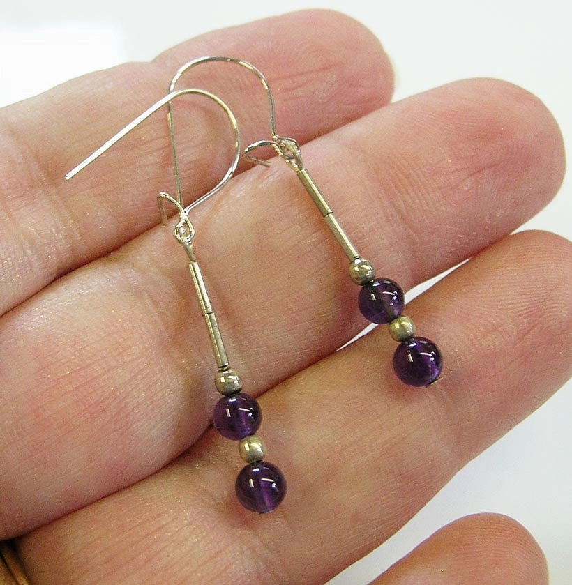 Amethyst Beads Sterling Heishi Dangle Earrings - February Birthstone Shiny appearance Pearlescent Decoration
