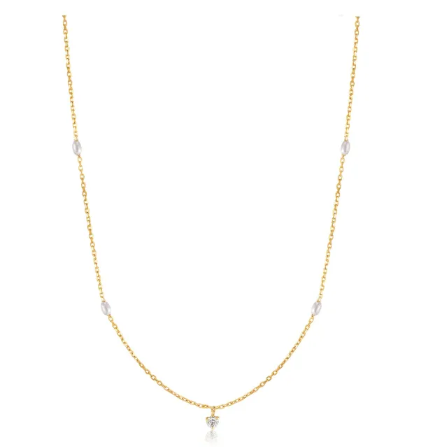 All Style Ania Haie 14K Yellow Gold White Sapphire and Cultured Pearl 18 inch Station Necklace