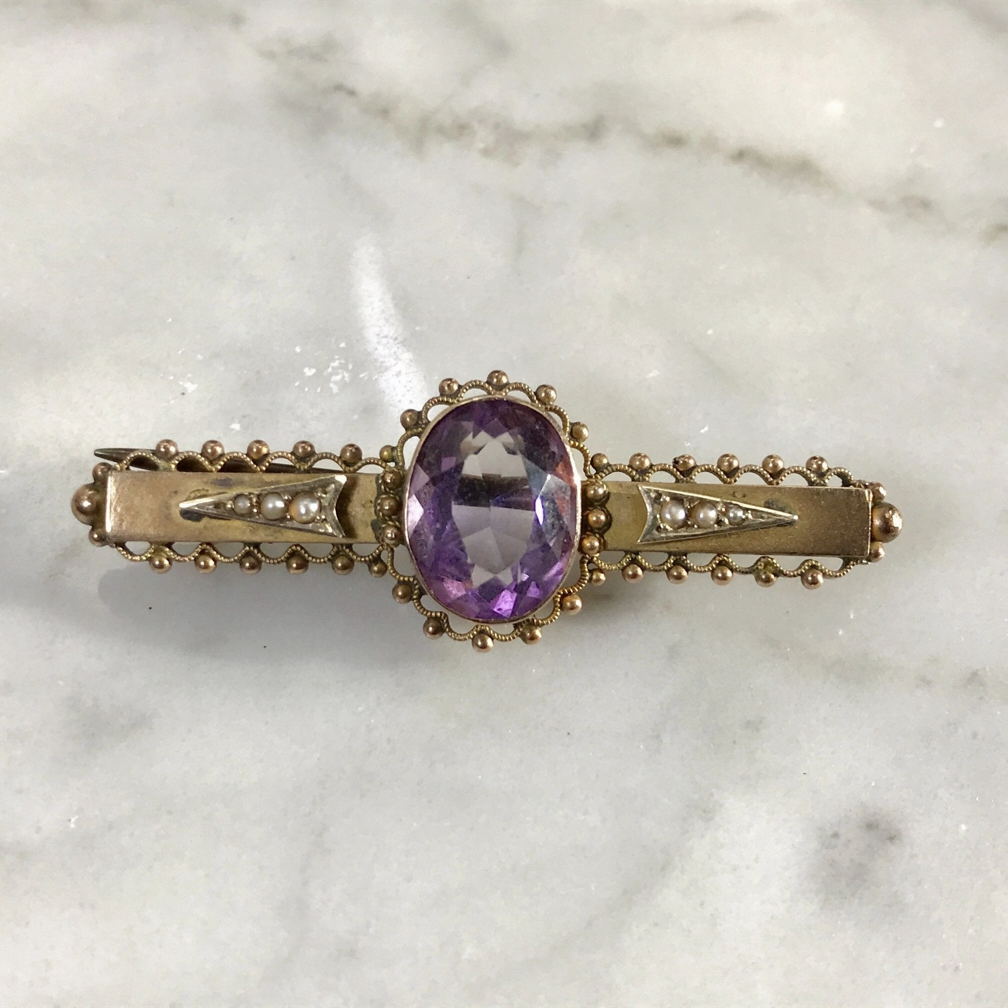 Antique Amethyst Brooch or Pendant in 9K Yellow Gold. February Birthstone. 6th Anniversary. Unique Shine Shiny Stones