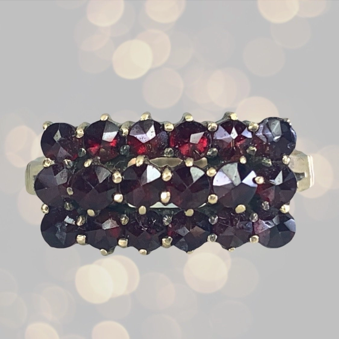Antique Garnet Cluster Ring set in 10k Yellow Gold. January Birthstone in an Old Hollywood Glam Style. Textured Detail
