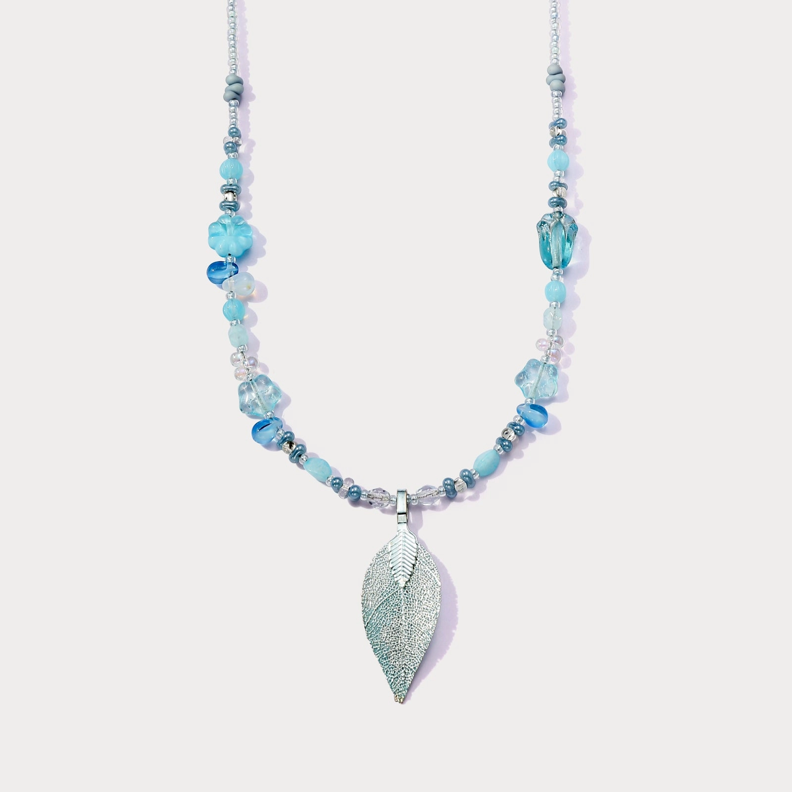 Glam Look Blue Leaf Bead Necklace