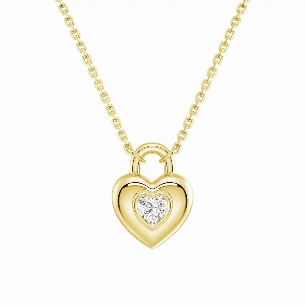 Golden Tone Evening Collection Love Lock Heart Solitaire Moissanite Pendant Necklace