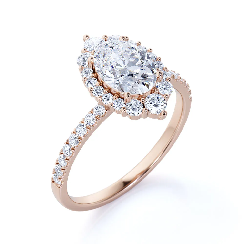 Pave 1.50 Carat Oval Moissanite Halo Engagement Ring Vivid Detail
