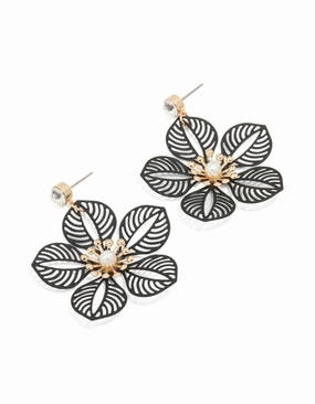 Gold Diamante Pearl Black Filigree Flower Drop Earrings Silken Touch Effortless Edge