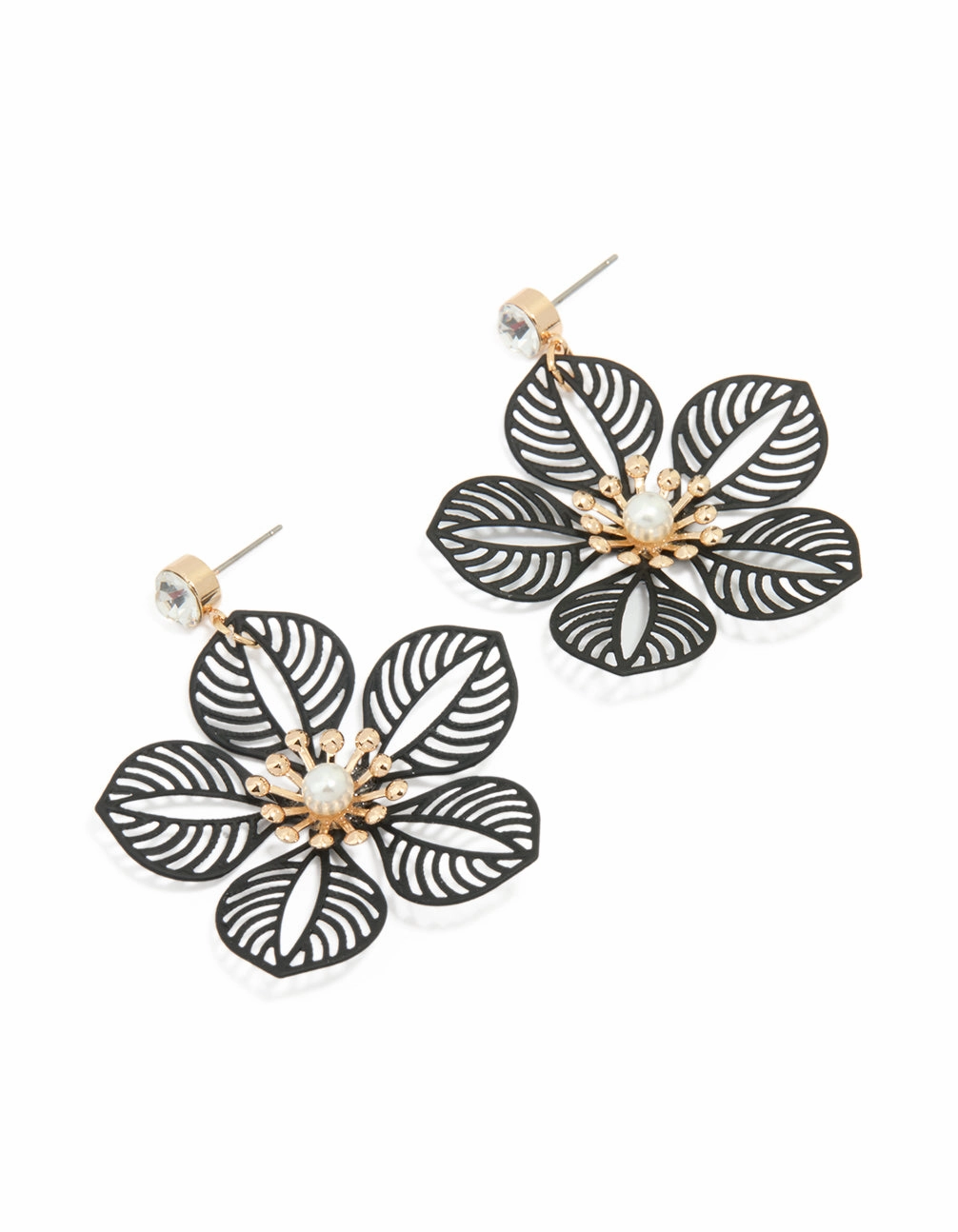 Gold Diamante Pearl Black Filigree Flower Drop Earrings Silken Touch Effortless Edge
