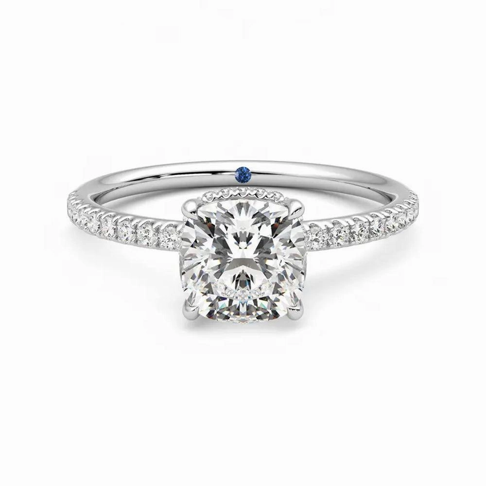 Soft Edge Cushion Cut Moissanite Engagement Ring with Hidden Halo and Anniversary Stone Accent