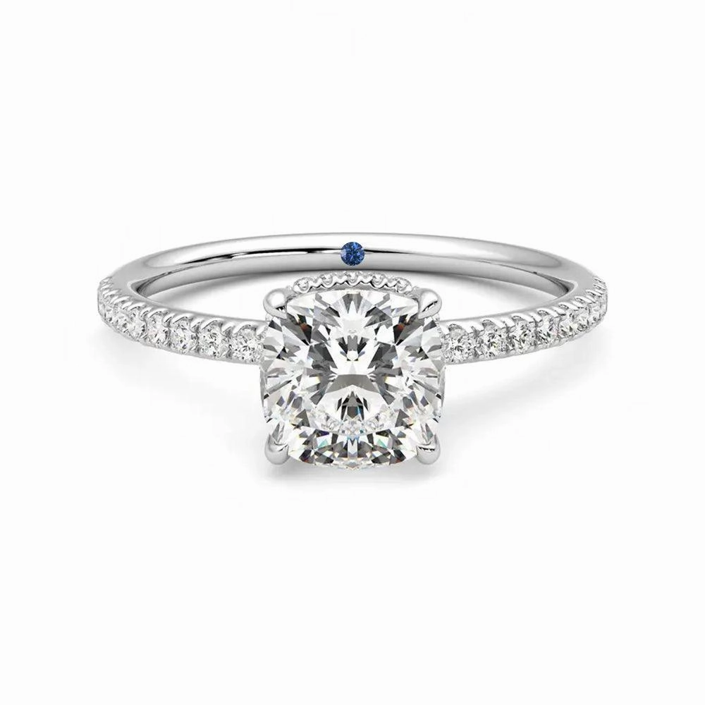 Cushion Cut Moissanite Engagement Ring with Hidden Halo and Anniversary Stone Accent Contemporary Form Refined Feature