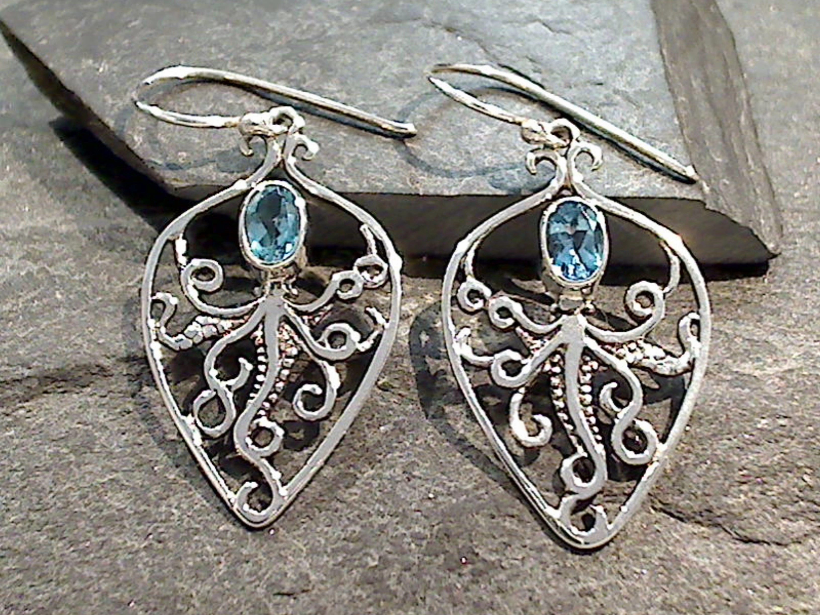 Exquisite Feature Blue Topaz, Sterling Silver Octopus Earrings