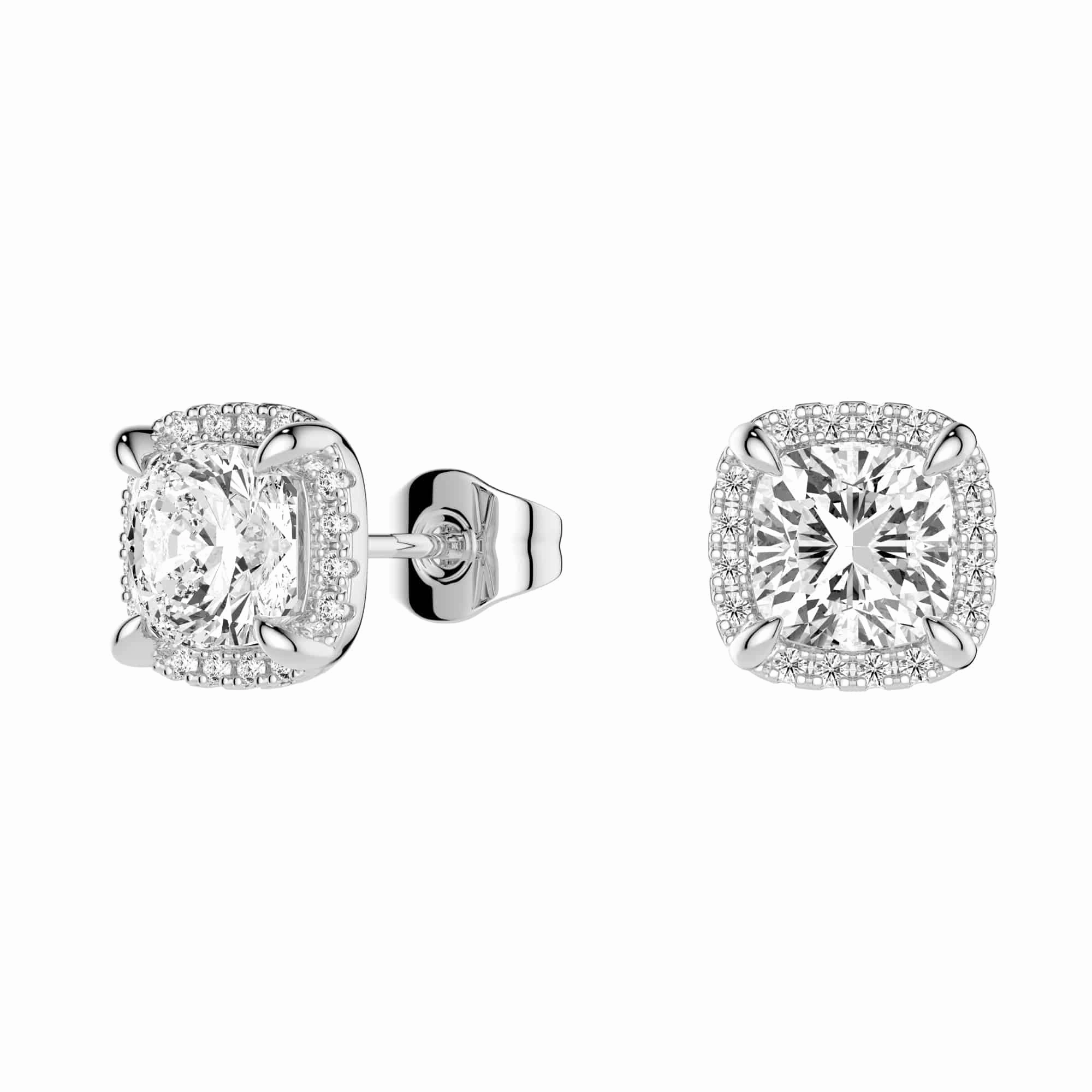 Cushion Cut Moissanite Shadow Halo Stud Earrings Curved Contour