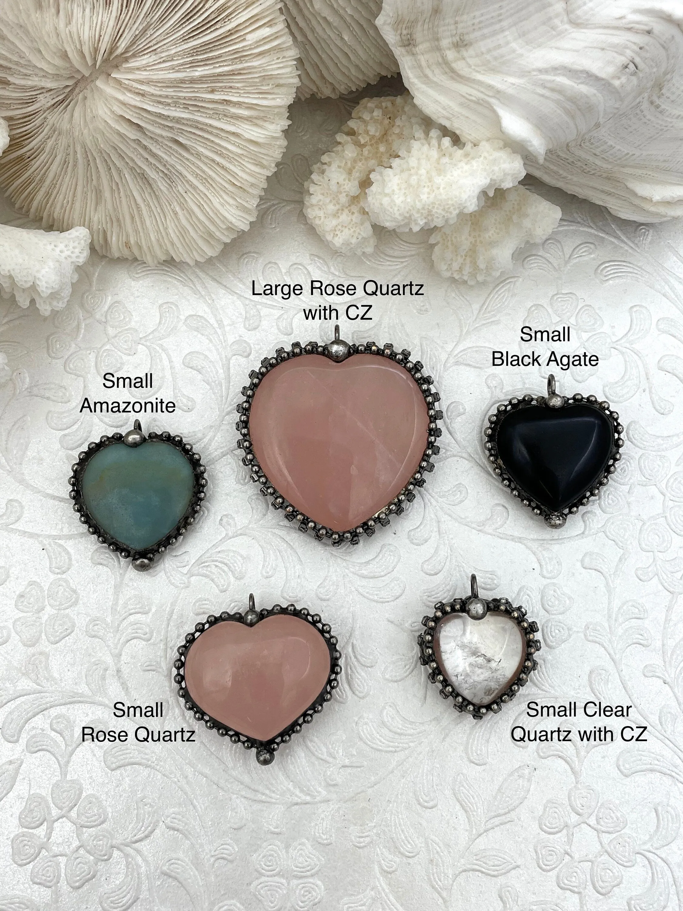 Luxury piece Heart Shaped Pendants w/Textured Burnished Silver Soldered Bezel w/CZ. 5 Styles,Natural stones,Variety of sizes&stones, all unique.Fast Ship