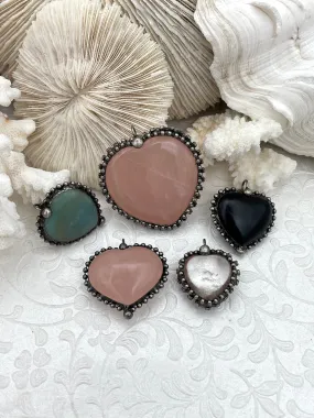 Durable Adornment boho vibe Heart Shaped Pendants w/Textured Burnished Silver Soldered Bezel w/CZ. 5 Styles,Natural stones,Variety of sizes&stones, all unique.Fast Ship