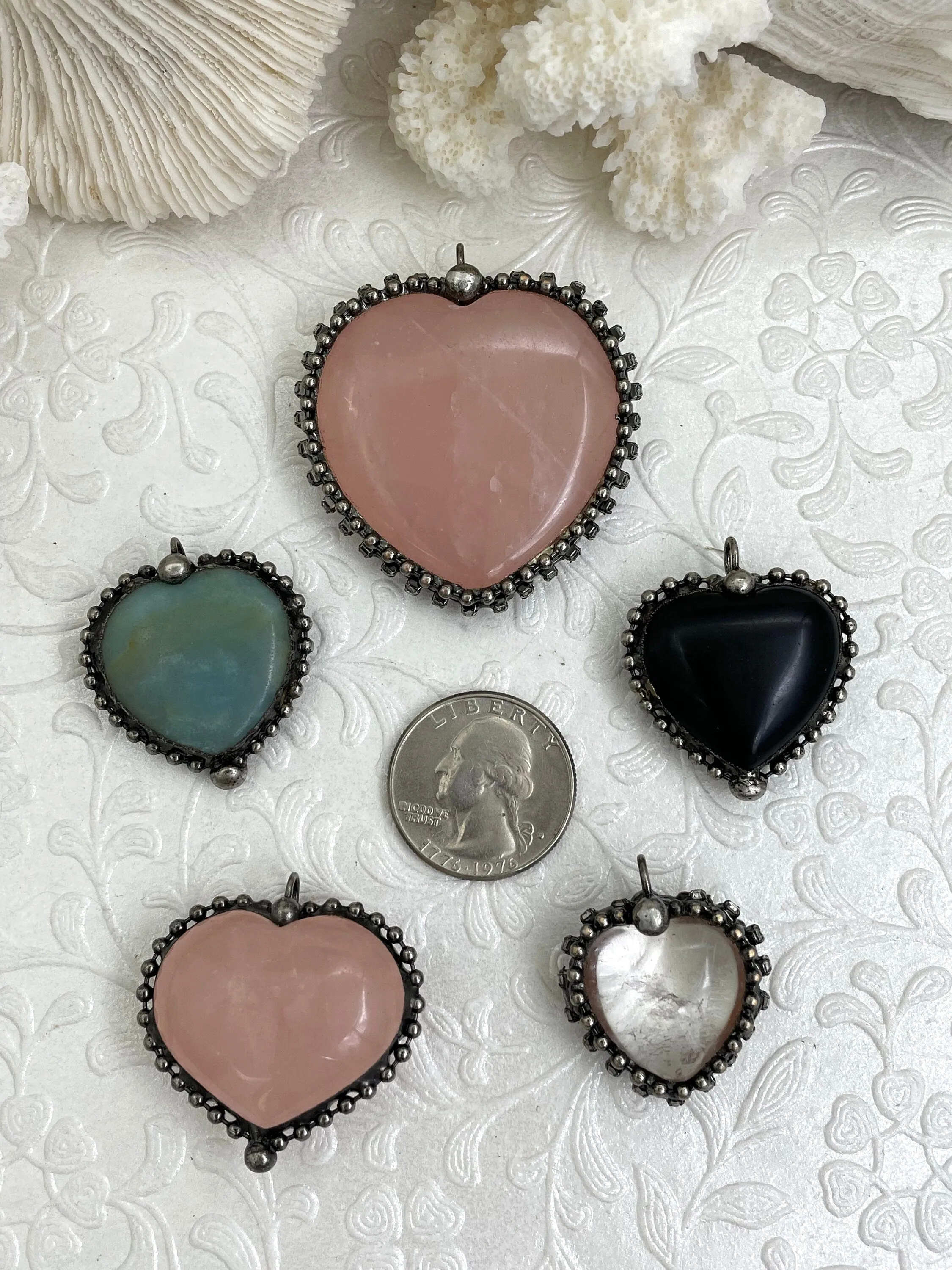 Fall Fashion Heart Shaped Pendants w/Textured Burnished Silver Soldered Bezel w/CZ. 5 Styles,Natural stones,Variety of sizes&stones, all unique.Fast Ship