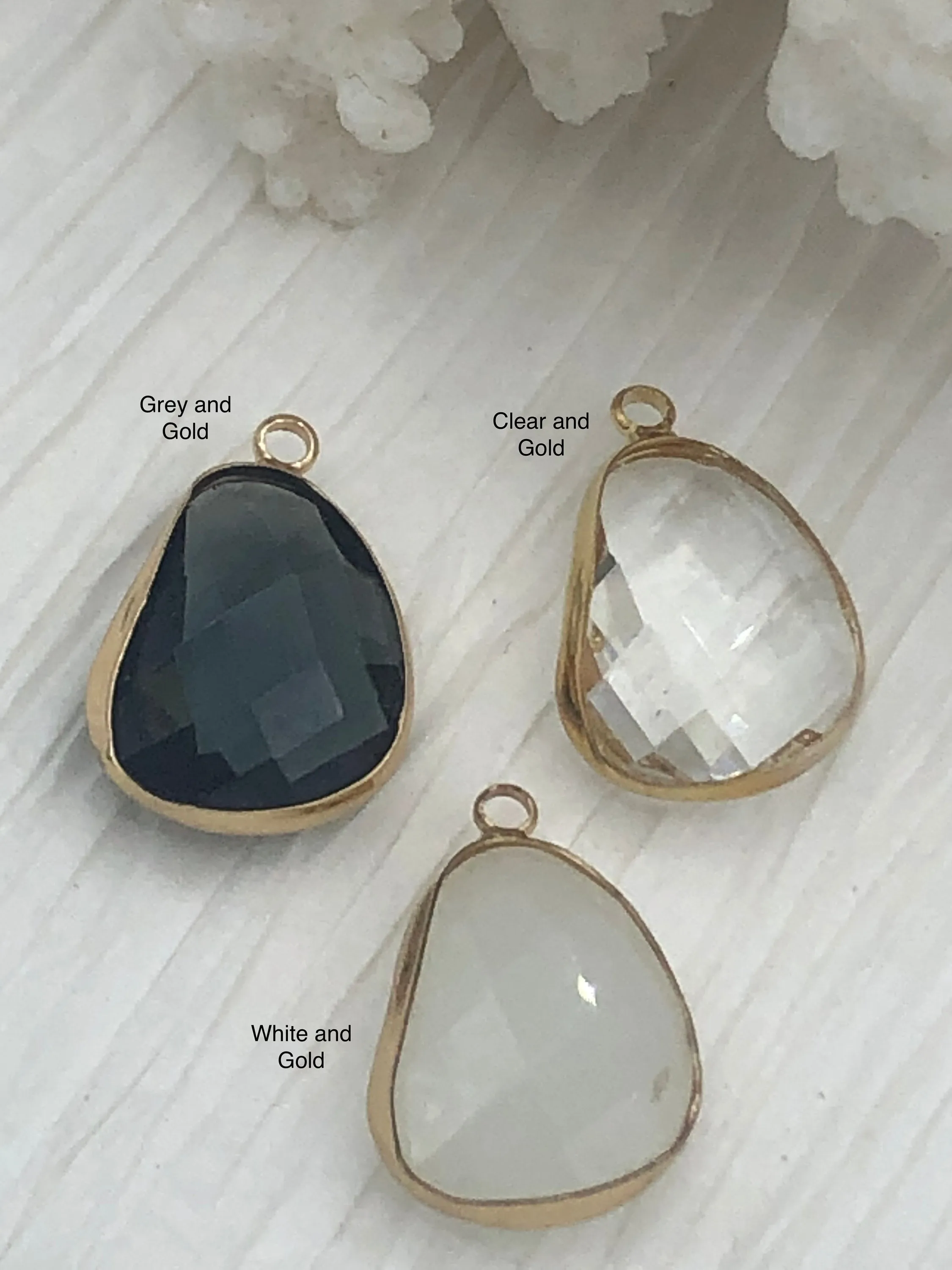 Fashion Statement Crystal Gold Soldered Pendants and charms. Grey, Clear, and White connector , 3 Colors to choose from. Fast Shipping
