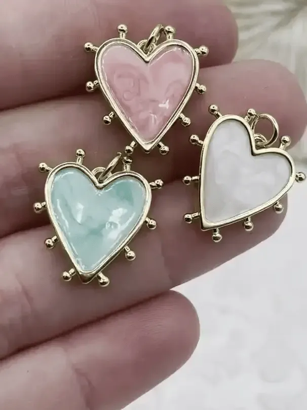 Heart Shaped Enamel and Gold Spike Pendants, Enamel and Gold Plated Brass, 3 Colors, Pink, Blue, or White, 20mm x 18mm x 2.5mm. Fast Ship. Exquisite Ornament For Colleague