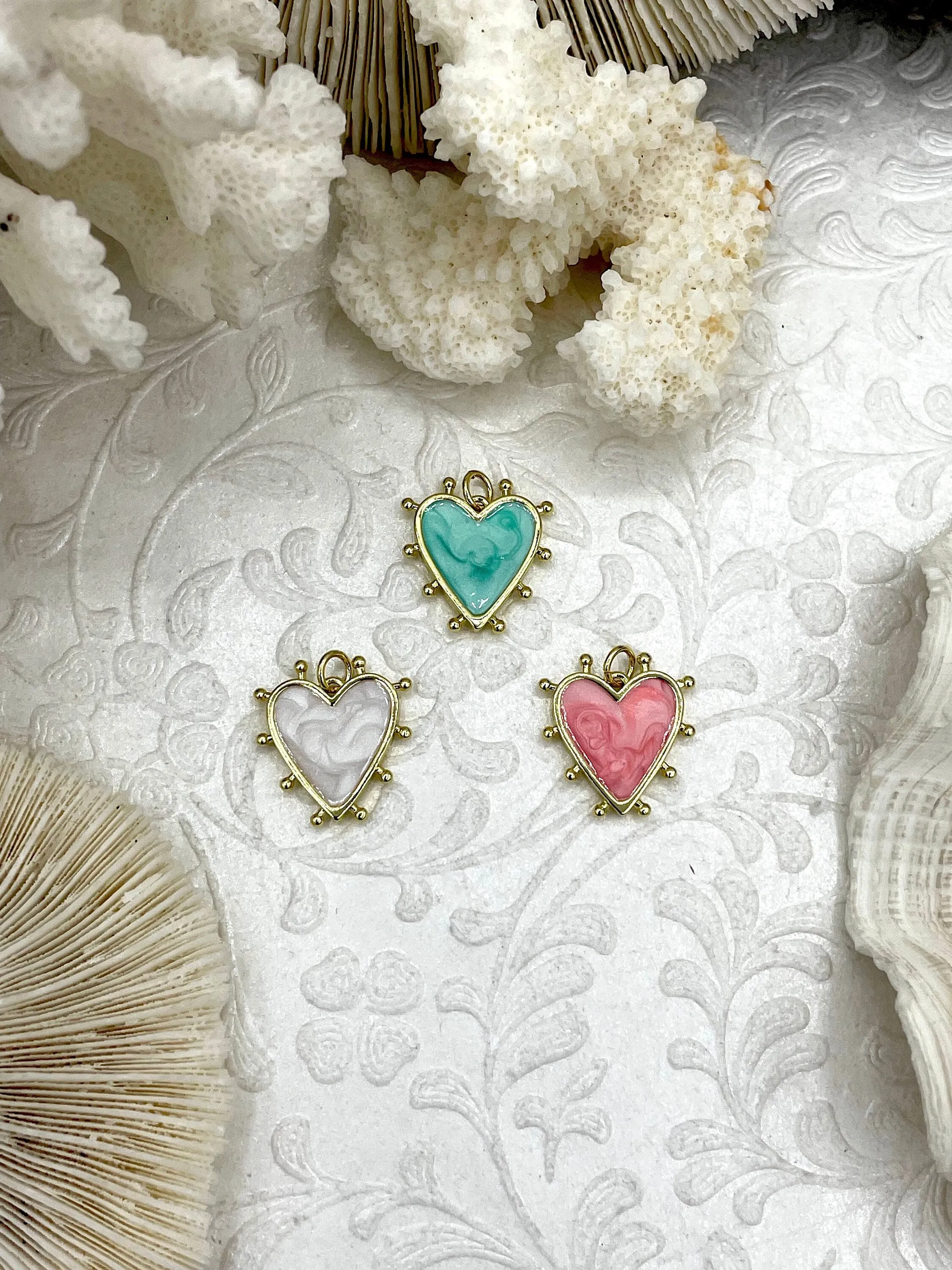 Heart Shaped Enamel and Gold Spike Pendants, Enamel and Gold Plated Brass, 3 Colors, Pink, Blue, or White, 20mm x 18mm x 2.5mm. Fast Ship. Travel Look
