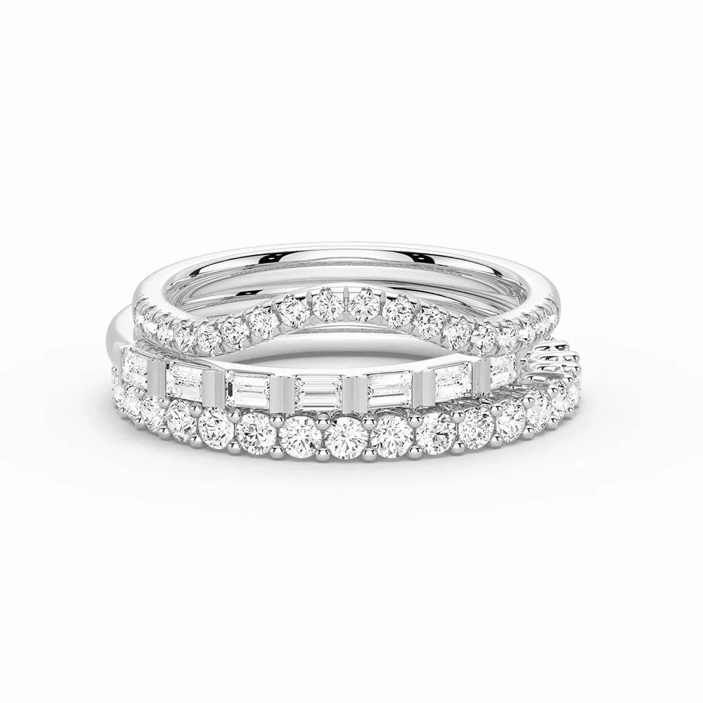 Structured Accent Precious Piece Baguette and Round Cut Moissanite Wedding Bands with French Pave Band Stacking Rings