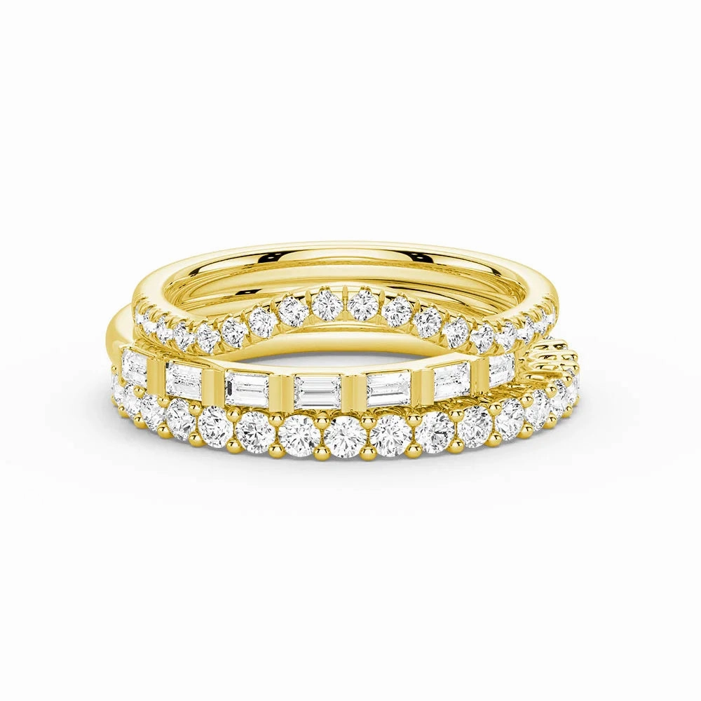 Baguette and Round Cut Moissanite Wedding Bands with French Pave Band Stacking Rings Luxury Accent
