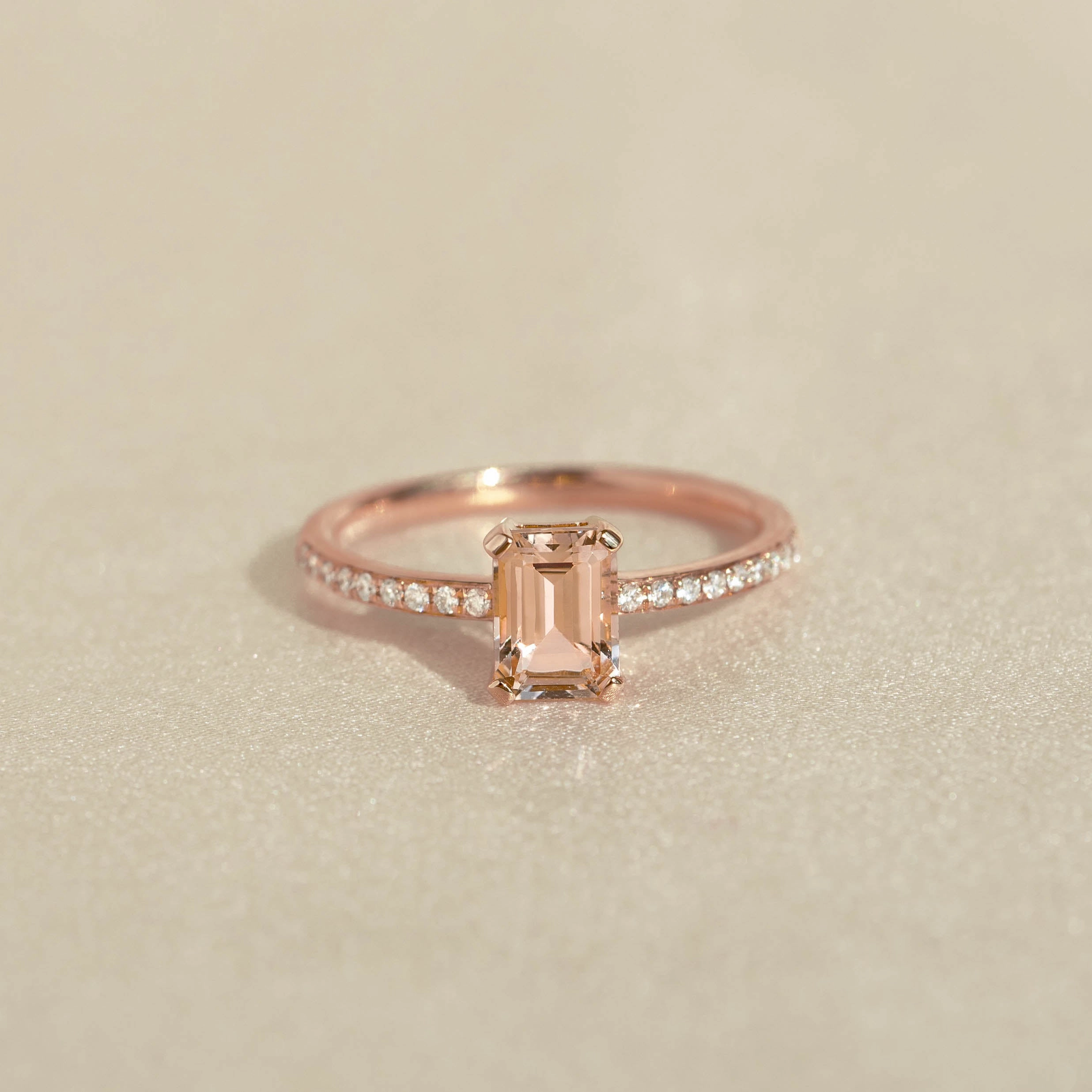Baguette Morganite and Diamond Ring Rose Gold - Safiya Light Feature Timeless Radiance