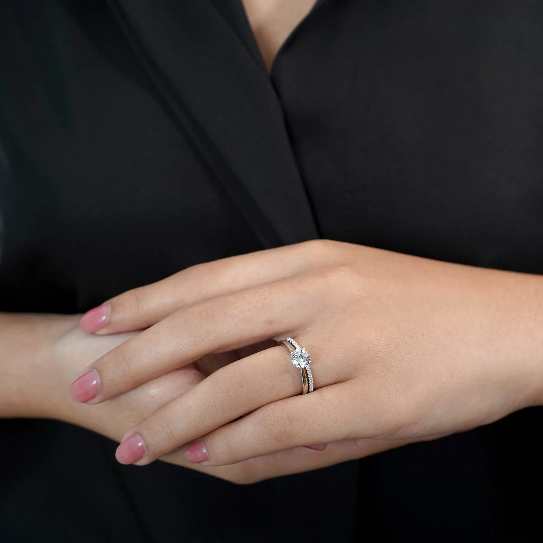 Four Prong 1.25 Carat Round Cut Moissanite Bridal Set Floral Mood Lustrous Look