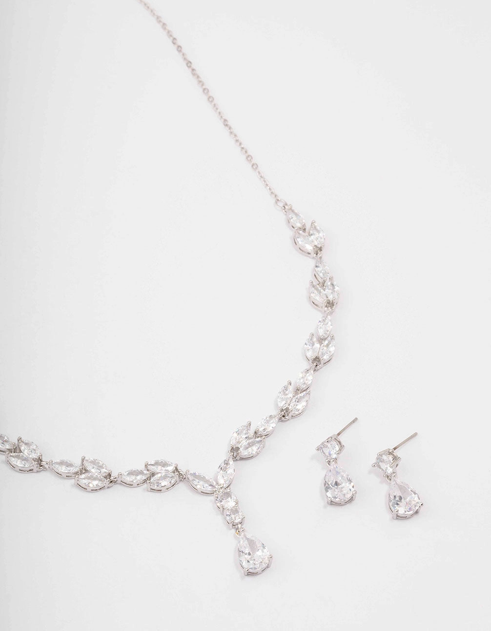 Silver Marquise Pear Necklace & Drop Earring Set high contrast Bridal Accent