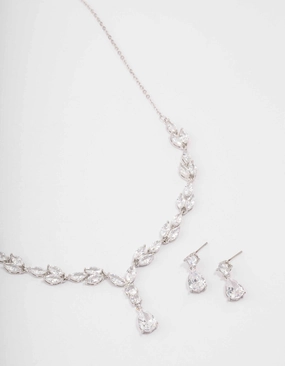Silver Marquise Pear Necklace & Drop Earring Set high contrast Bridal Accent