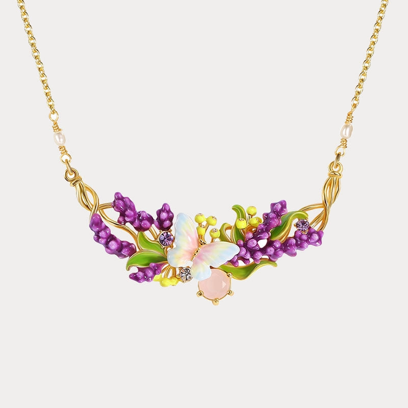 Crafted Accent Fashion Mood Lavender Butterfly Necklace with Pink Crystal