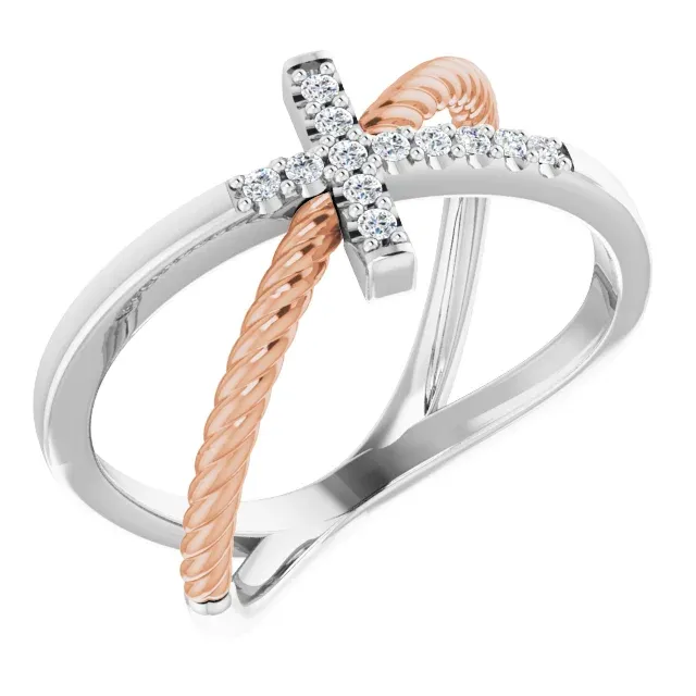 Low Profile 14K White & Rose 1/10 CTW Diamond Cross Rope Ring