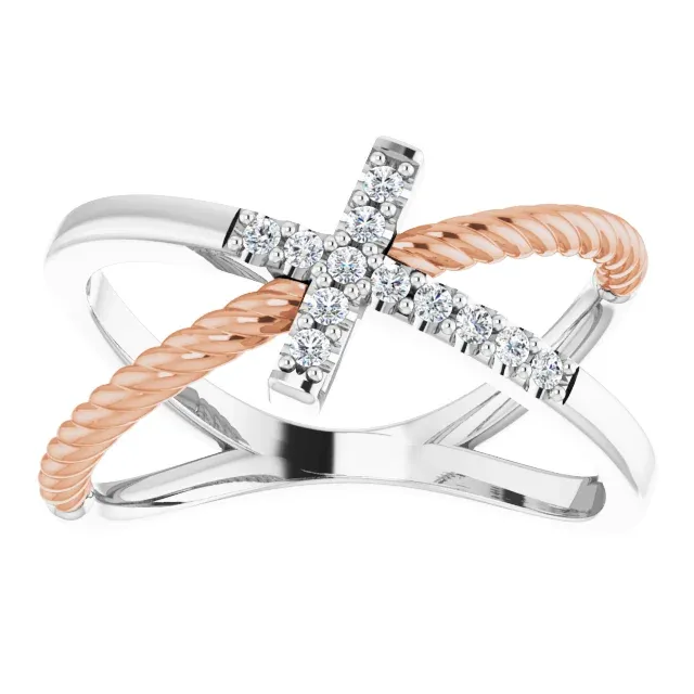 14K White & Rose 1/10 CTW Diamond Cross Rope Ring Low-Cost Gift Contemporary Geometry