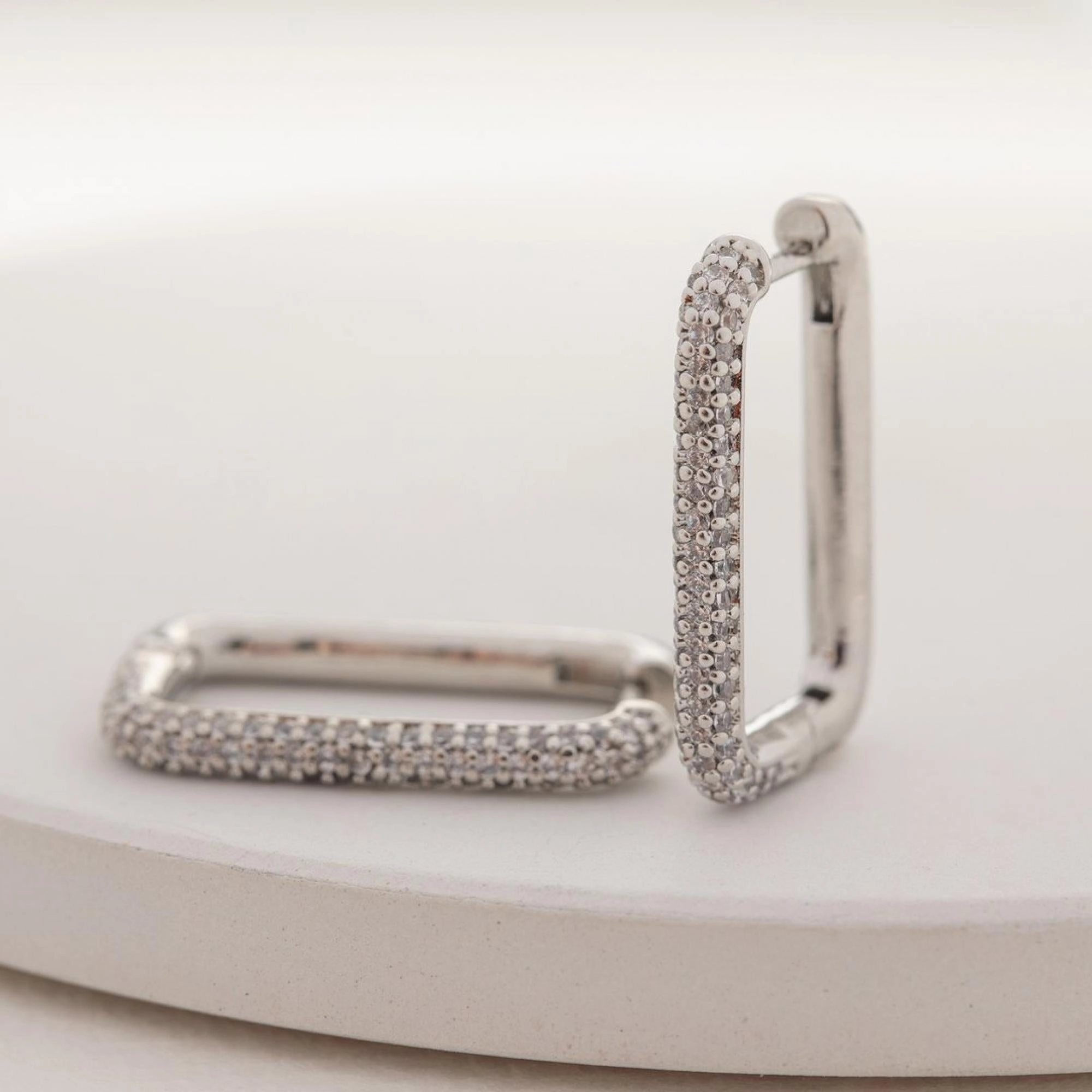 Glam fit Urban Look Rectangle Hoop Earring 18K with Zirconia Gems 3 Colors Available | Geometric Hoops, Rectangle Link Chain Hoops, Rose Gold Statement Earrings