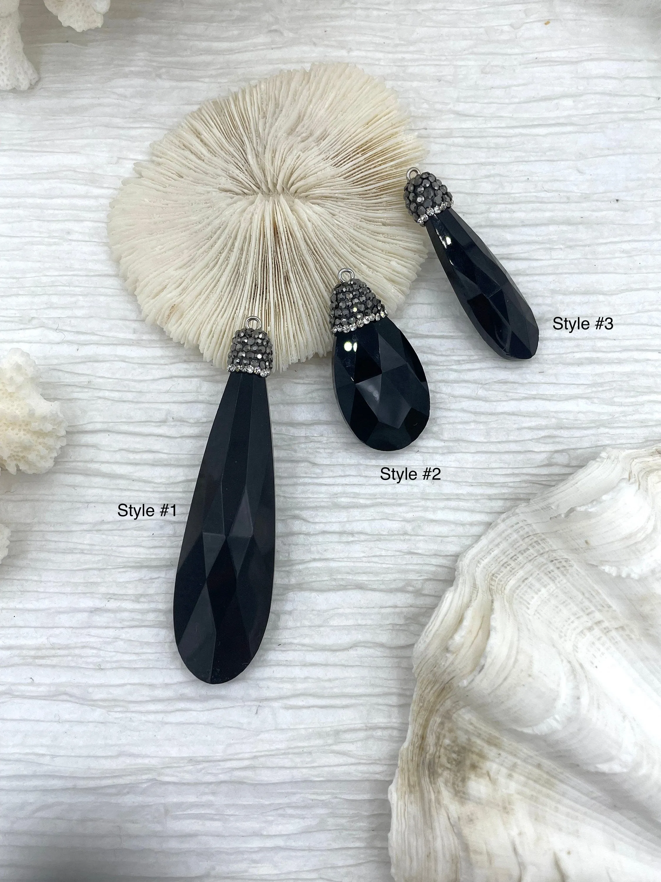 Glam Attire Black Teardrop Shape Crystals with CZ. Teardrop Soldered Charm with silver bail, Drop Soldered Pendants w/CZ, 3 Styles. Fast Shipping